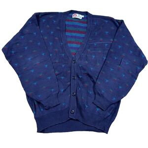 Vintage Isle Of Cotton Cardigan‎ Sweater Men Large Blue Geometric Grandpa USA